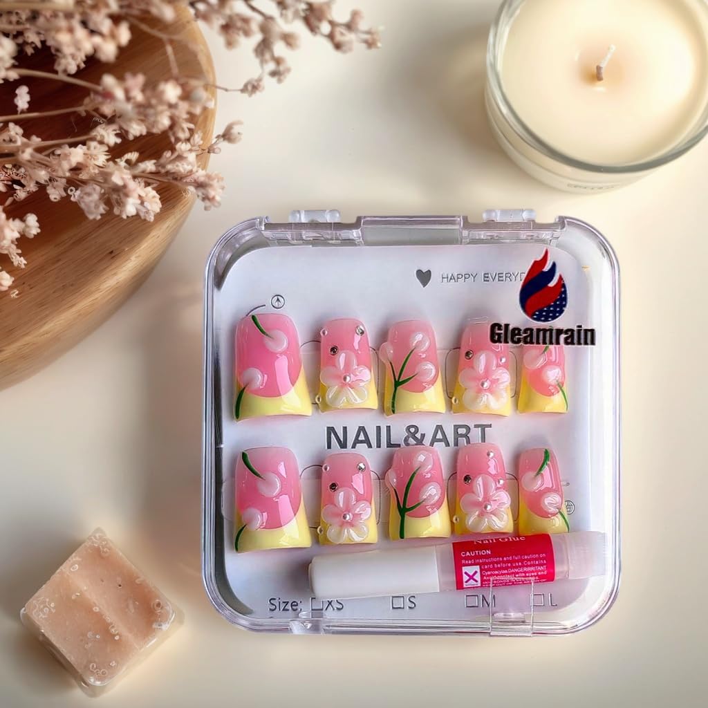 Gleamrain Pink Press on Nails Handmade Duck Glue on Nails Yellow French Tip with 3d Flower Design Elegant for Women for Spring 10pcs M Size Pattern 1105