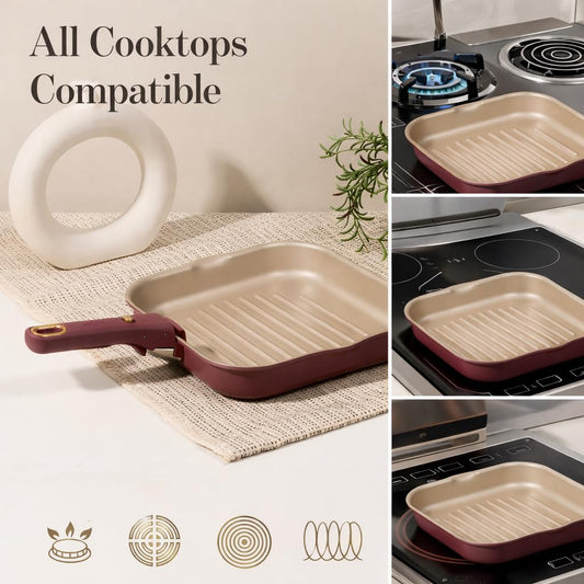 CAROTE 10 Inch Titanium Reinforced Nonstick Grill Pans for Steak, Non-Stick Grill Pans Sets with Detachable Handle, PFOS, PFOA Free, Gas & Induction Safe, All Stovetops Compatible, Burgundy