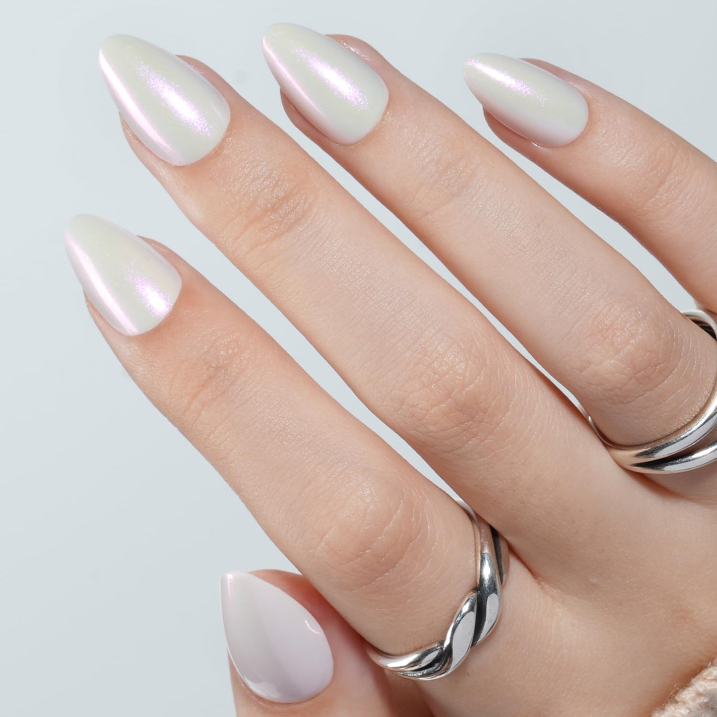 White Press On Nails Almond - White Almond Fake Nails, Short Press On Nails Chrome Reusable Stick On Nails in 16 Sizes, 32pcs False Nail Kit for Women & Girls(Pearl Whisper)