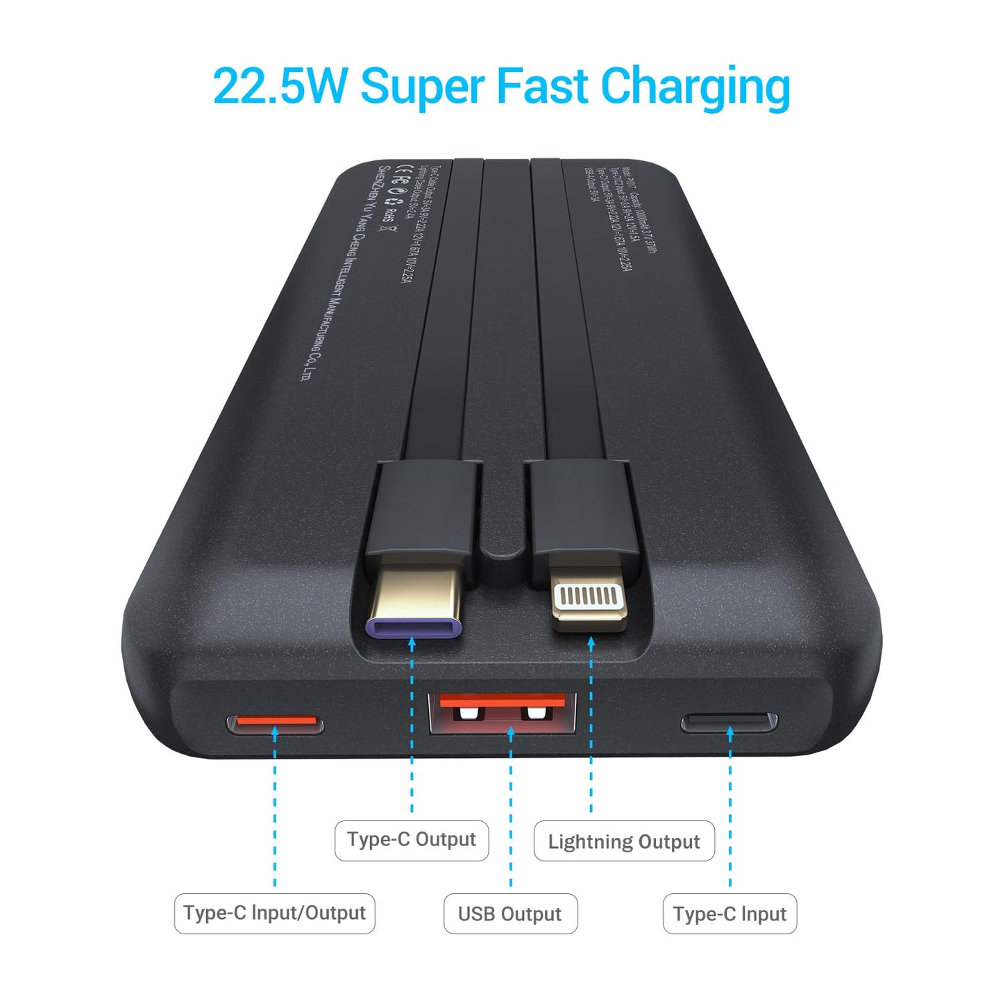 Antteez Portable Charger with Built in Cable - 10000mAh Fast Charging 22.5W Power Bank USB C LED Display Travel Battery Pack 4 Outputs & 2 Inputs for iPhone Samsung iPad Phones Tablets