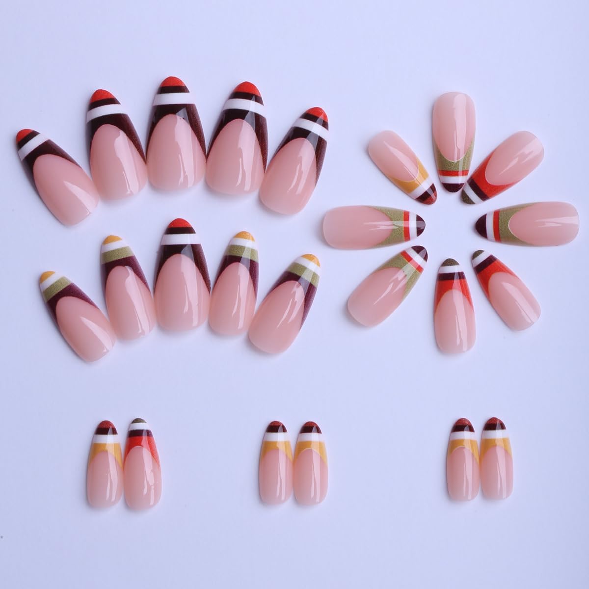 Striped Press on Nails Medium Almond Fake Nails French Tip Nails Press ons with Design,Full Cover Stick on Nails for Women Manicure,Reusable | Artificial | Easy Apply | 24Pcs