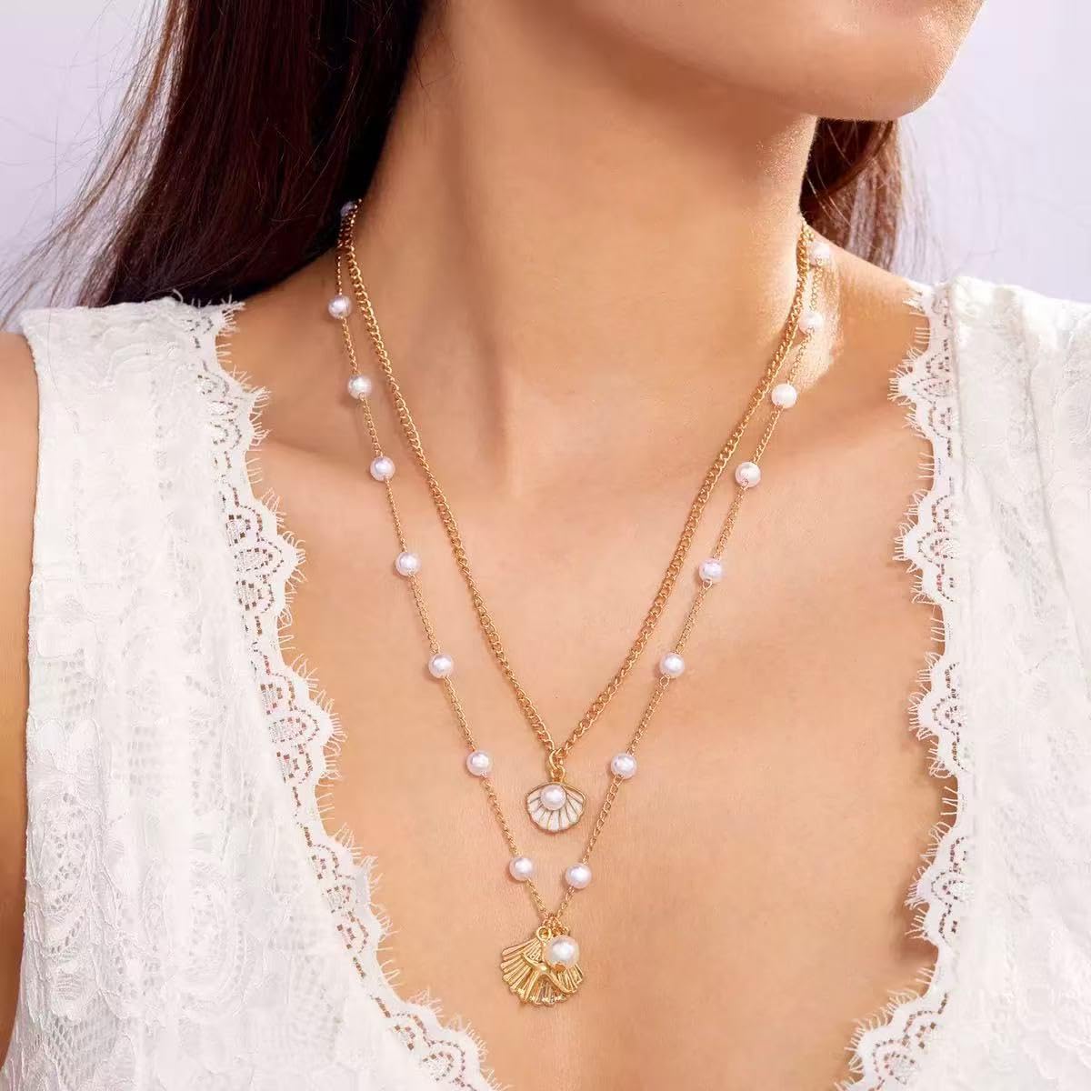 Shell Necklaces for Women 14k Gold Plated Layered Starfish Conch SeaShell Pearl Pendant Charm Necklace Adjustable Stainless Steel Chain Summer Beach Jewelry (Gold Shell)