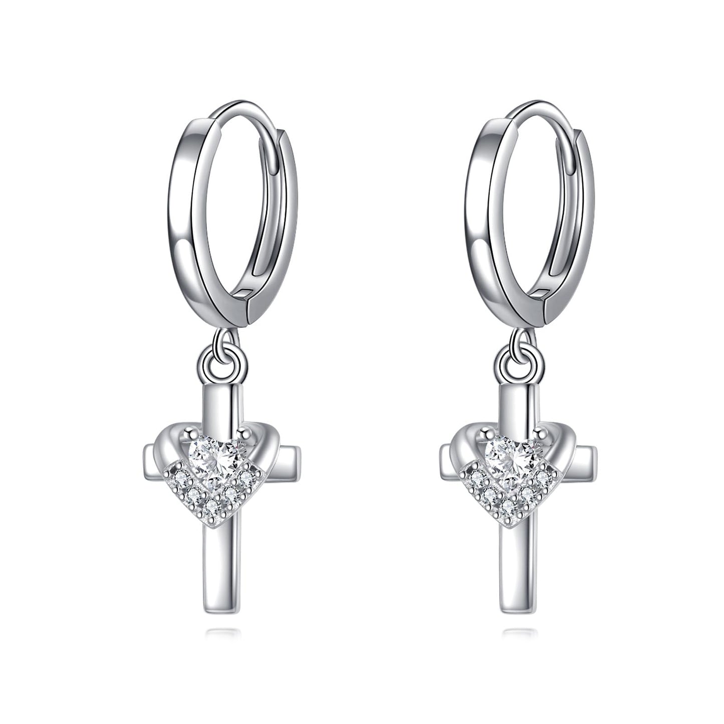 Hanging Cross Earrings Sterling Silver Diamond Heart Cross Dangle Drop Hoop Earrings Jewelry Gifts for Women