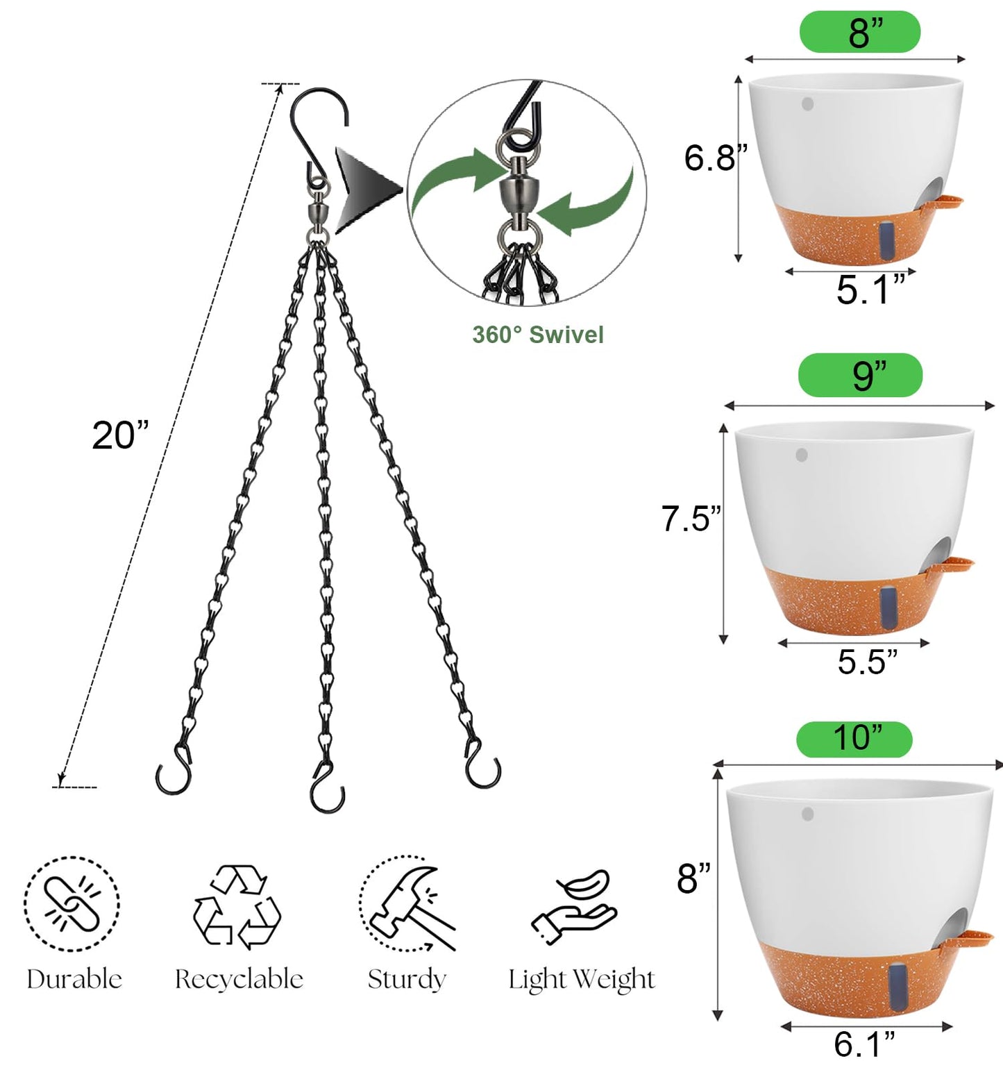 Heybe 3 Pack Self Watering Hanging Planters with Swivel Hanging Chains 20 Inches, 10/9/8 Inch Pots for Indoor Outdoor Plants, White