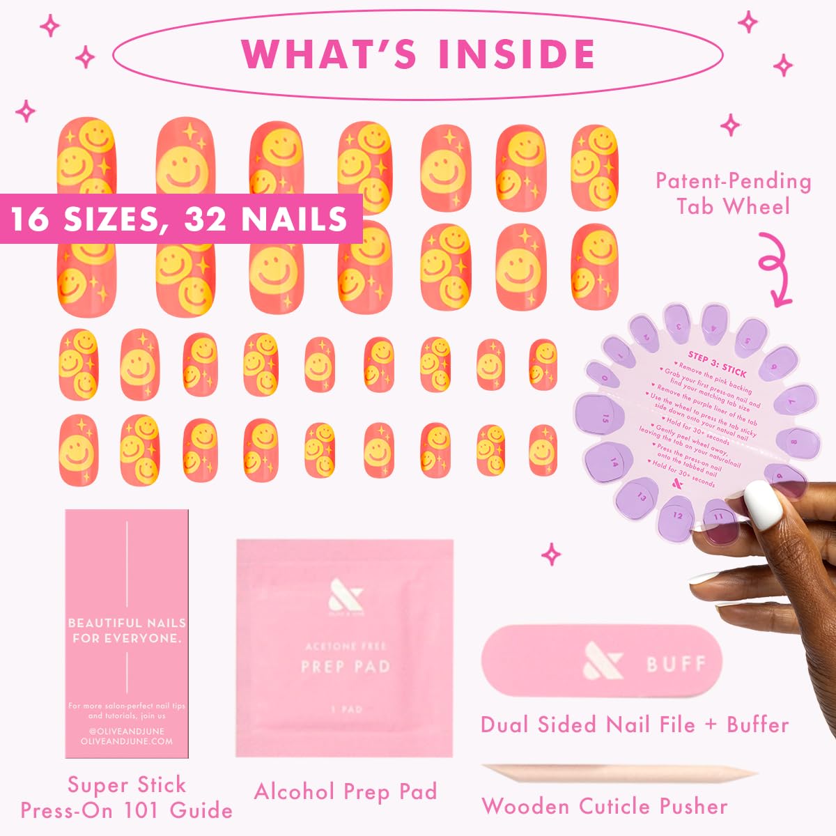Olive & June Classic Super Stick Mani Press On Nails | No Glue Needed | 32 Tab Nails 16 Sizes | Non-Toxic Tabs Non-Damaging 7-Day Wear | Spring Flowers & Patterns | Short, Round| Happy All Over