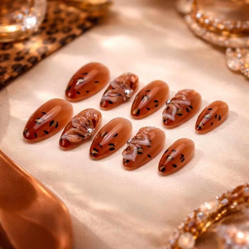 IntoVibes 10 Pieces Handmade Press On Nails Medium Almond, Brown Thickened French False Nails, 3D Petals, Reusable Fake Nails Almond, Reusable Acrylic Nails (M)