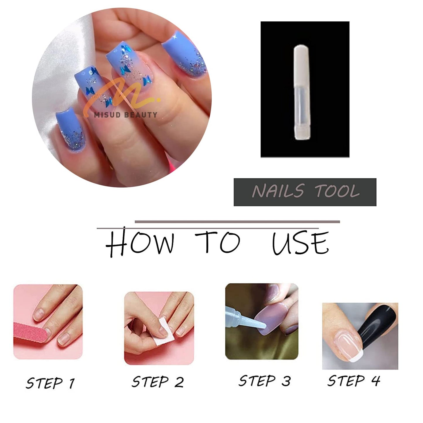 MISUD Press on Nails - Short Square Glue on Nails with Summer Blue, Acrylic Spring Butterfly Design 24 pcs