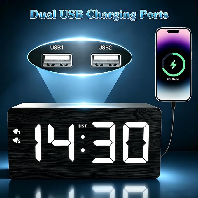 URAYCO Wood Digital Alarm Clock with 10W Fast Wireless Charger, USB Charging Ports, DST, Dimmable, Snooze, Large Number LED Display for Bedrooms, Desk, Living Room Table, Bedside, Nightstand (Black)