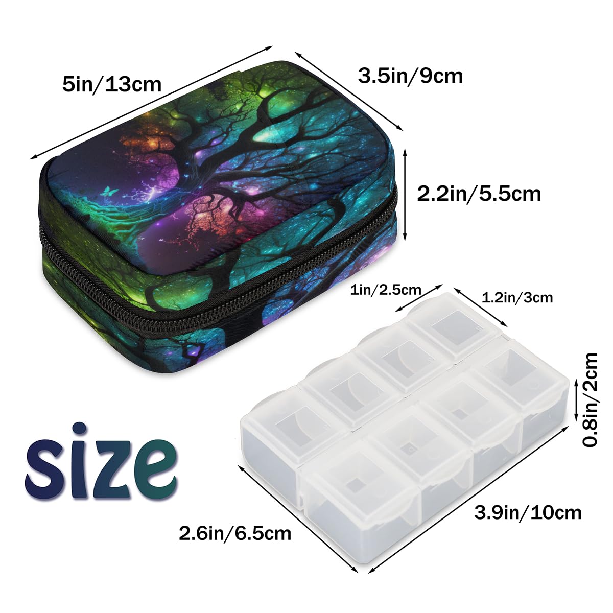Tree of Life Galaxy Travel Pill Organizer Box Weekly Portable Pill Case Daily Pills 7 Day Small Birth Control Pills Container Removable Compartments for Medicine Vitamins Fish Oil