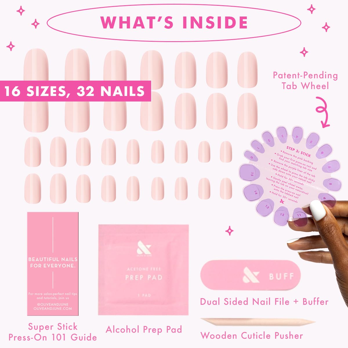 Olive & June Classic Super Stick Mani Press On Nails | No Glue Needed | 32 Tab Nails 16 Sizes | Non-Toxic Tabs Non-Damaging 7-Day Wear | Spring Flowers & Patterns | Short, Round | Gelato Pink