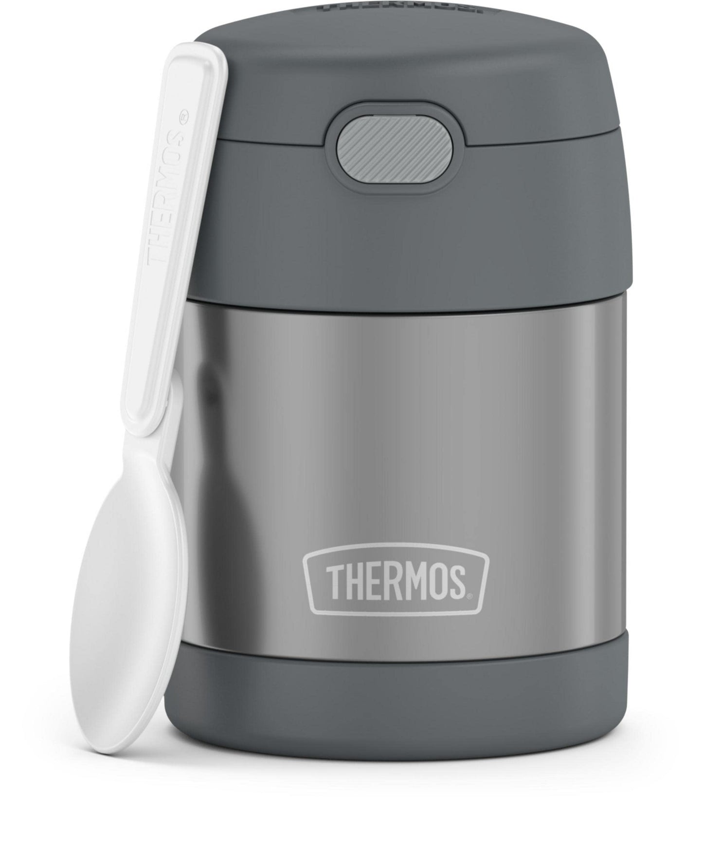 THERMOS FUNTAINER Insulated Food Jar, 10 Ounce, Kid Friendly Food Jar with Foldable Spoon, Gray
