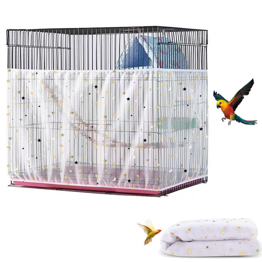 DECKALY Bird Cage Seed Catcher, Seed Catcher Guard Net Cover, Parrot Nylon Mesh Net Cover, Universal Soft Airy Cage Net Stretchy Skirt for Round Square Cages (Daisy-White, 15.7" x87")