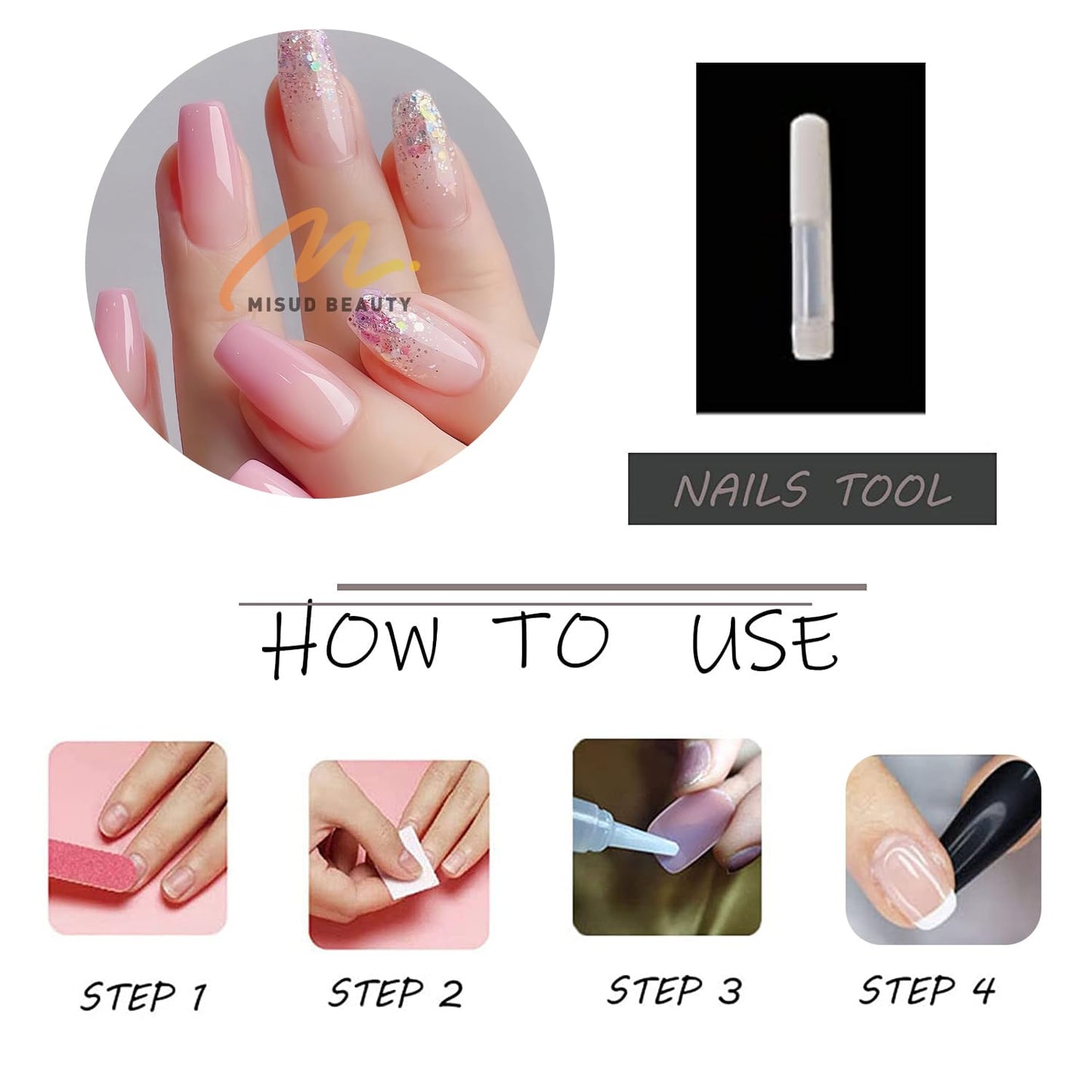 MISUD Press on Nails - Long Coffin Fake Nails with Pink Ombre, Acrylic Bling Glitter Design 24 pcs