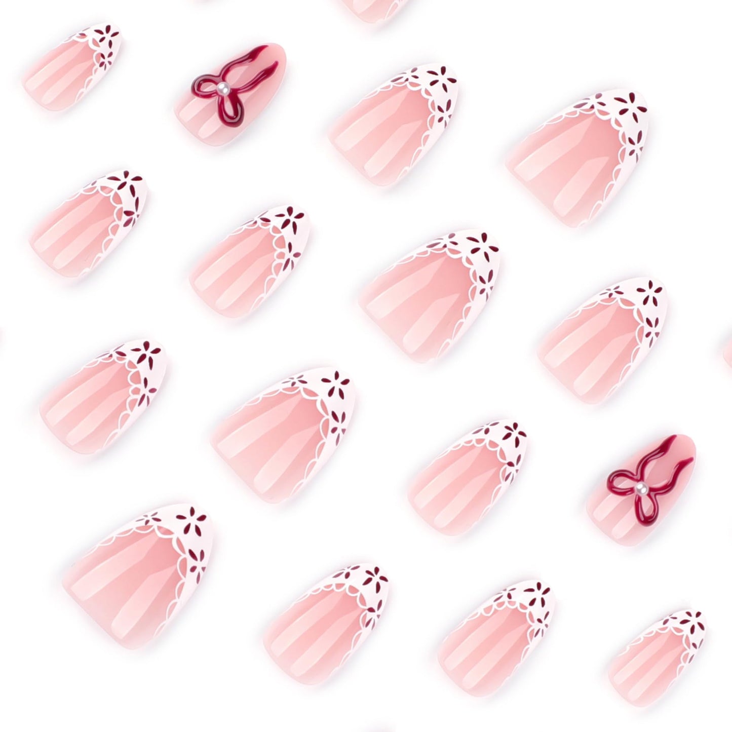 3D Bow French Tip Press on Nails Medium Almond Fake Nails Flower Tip Stripe Stick on Nails with Designs Spring Nails Press ons Salon Quality Artificial Nails for Women 24Pcs