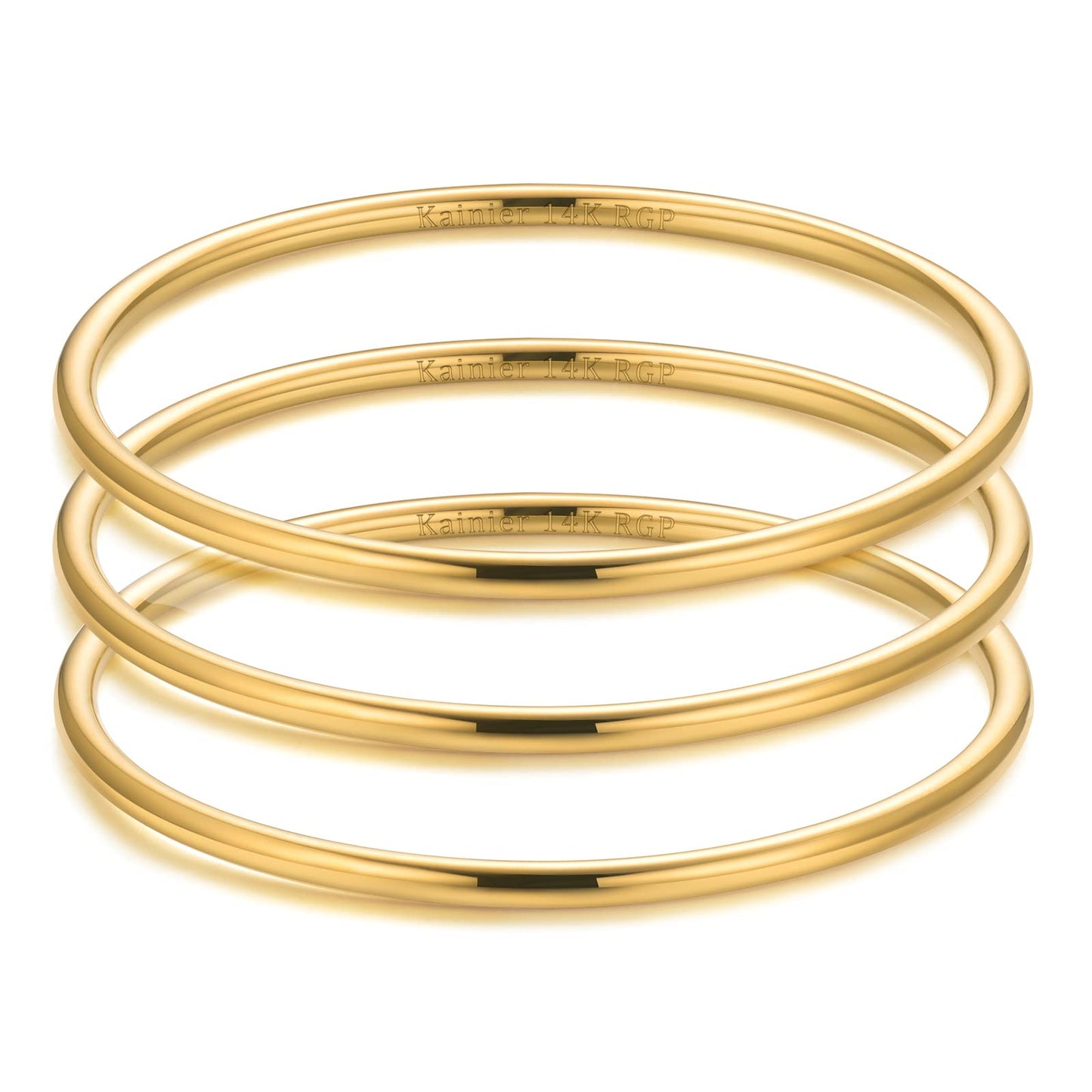 Kainier 3mm 14K Gold Plated Bracelet Stainless Steel Glossy Stackable Thin Round Bangle Bracelet for Women Solid Plain Polished Bracelet Best Gifts for Love