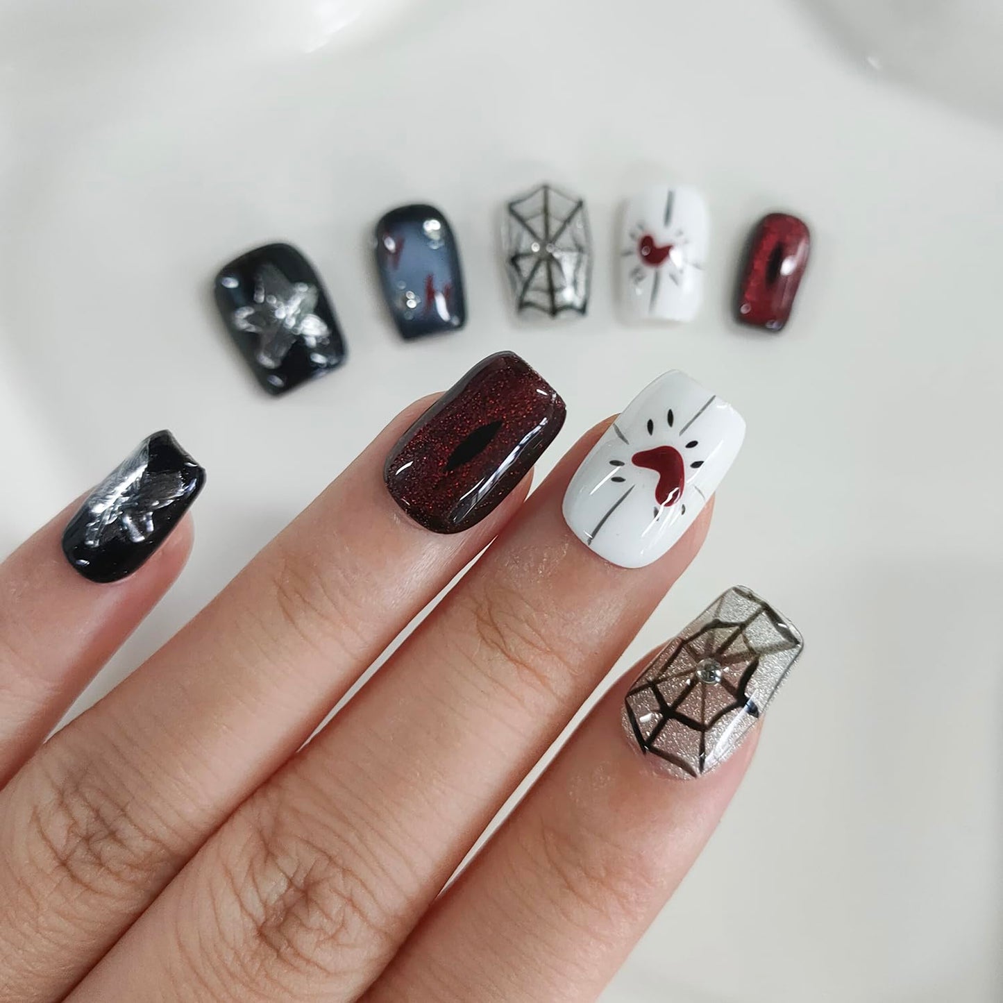 Halloween Press on Nails Short Square Handmade Acrylic Nails 3D Thick Fake Nails with Rhinestones Spider Web Stars Designs Sparkly Black&Red Sturdy Art False Press on Nail 10Pcs(S)