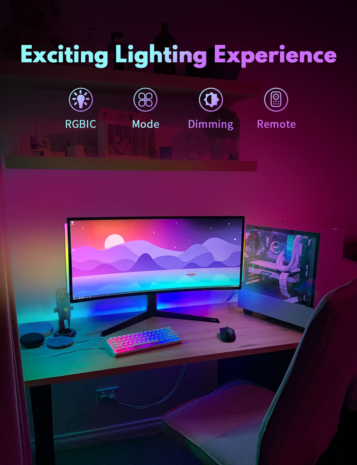 JUSJUBR 2PC RGB Under Monitor Light, Gaming Light with 353 Color Modes, LED Desk Light with Remote Control for Room/Monitor/PC Gaming Setup