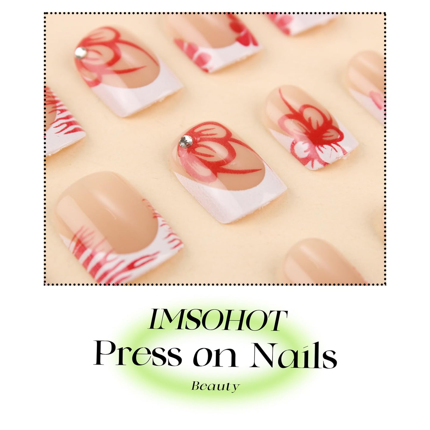 IMSOHOT White French Tips Press on Nails Short Square Fake Nails with Red Flower Design Full Cover Glossy Glue on Nails Acrylic Artificial False Nails for Women Stick on Nails 24Pcs