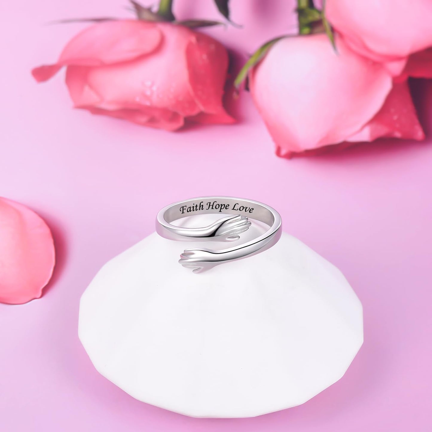 ACJFA S925 Sterling Silver Hug Ring for Women Adjustable Thumb Ring Birthday Gifts (Faith Hope Love)
