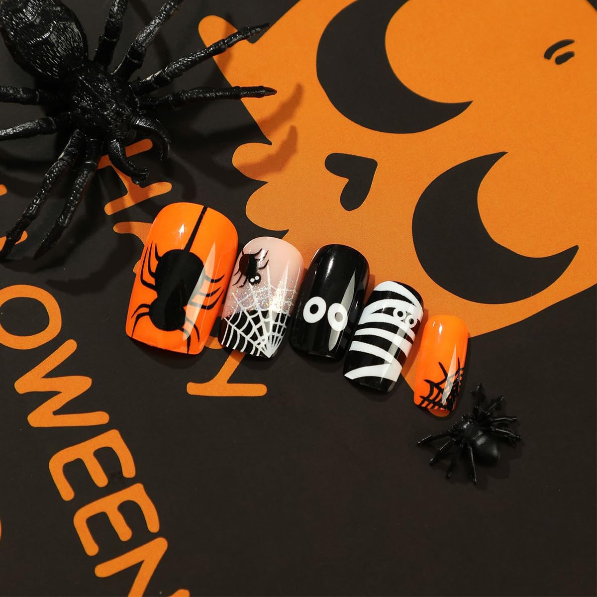 Halloween Spider Press on Nails Short Square Fake Nails with Mummy Spider Web Designs Black Orange Halloween Glue on Nails Cute Holiday Acrylic False Nail for Women Manicure Decoration 24Pcs