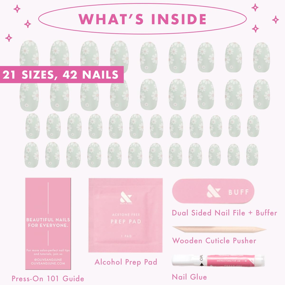 Olive & June Maximalist Instant Mani Press-On Nails (Glue) | 42 Fake Nails, 21 Sizes | Non-Toxic, Long-Lasting Big, Bold Gorgeous Realistic Look | Short, Round | Teal Chrome Flower Shower