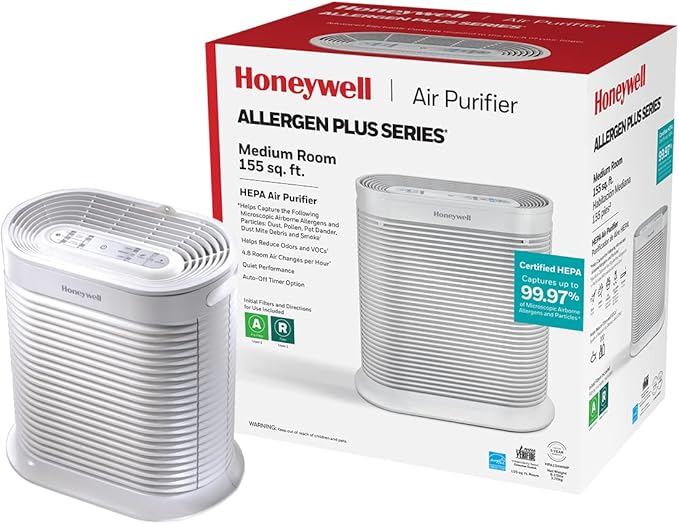 Honeywell AllergenPlus HEPA Air Purifier, Airborne Allergen Reducer for Medium Rooms, Reduces Allergens, Smoke, Wildfire Smoke, Pollen, Pet Dander and More, White, HPA104