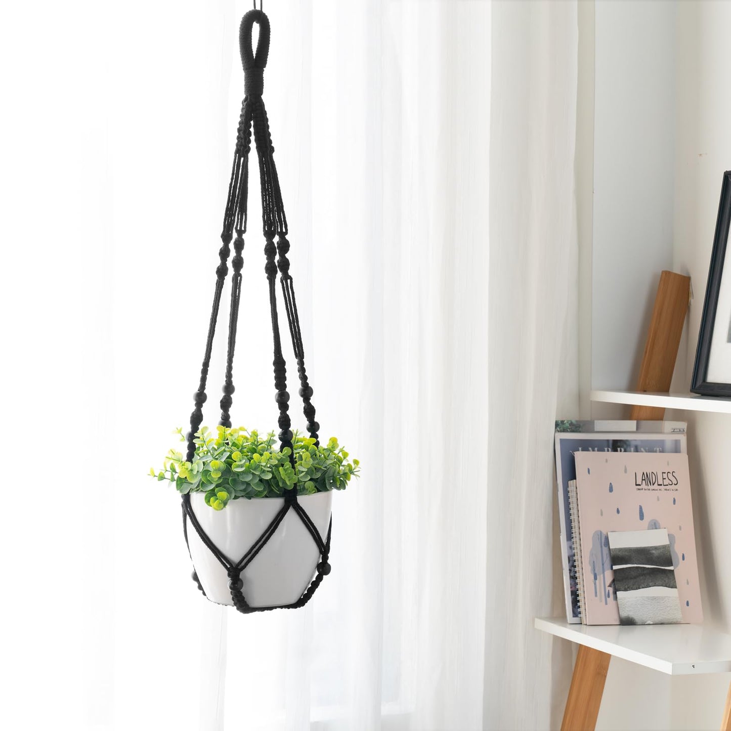 Mkono 3 Pack Macrame Plant Hangers Indoor Different Size Hanging Planter Basket Flower Pot Holder with Beads No Tassels 35"/29"/23", Medium, Black
