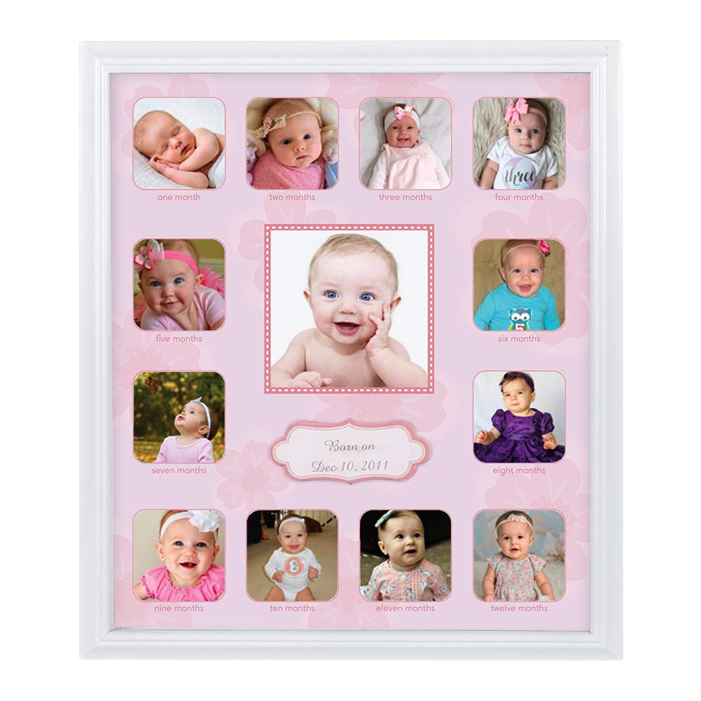 Comfecto 12 Month Baby Picture Frame Collage, Babies First Year Photo Frame, First Year Baby's Memory Frame, Milestone Keepsake Display for Newborn, Baby Registry Gift for Expecting Parents, Pink