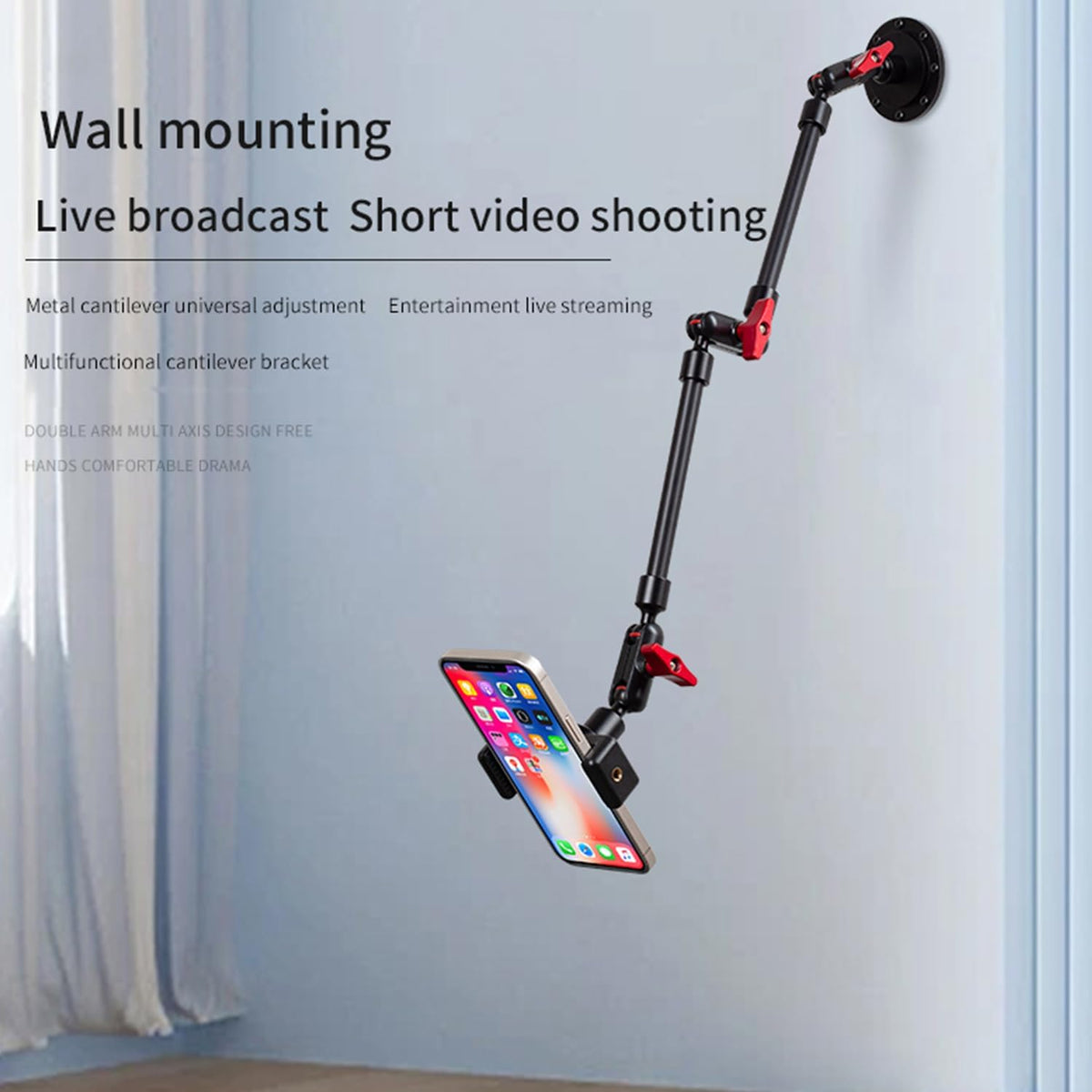 Magic Arm Adjustable Mobile Phone Holder for Desk, Wall Mount and Ceiling Mount Bracket for Phone and Other Smartphones (Metal Base +60cm arms+Metal Clip)