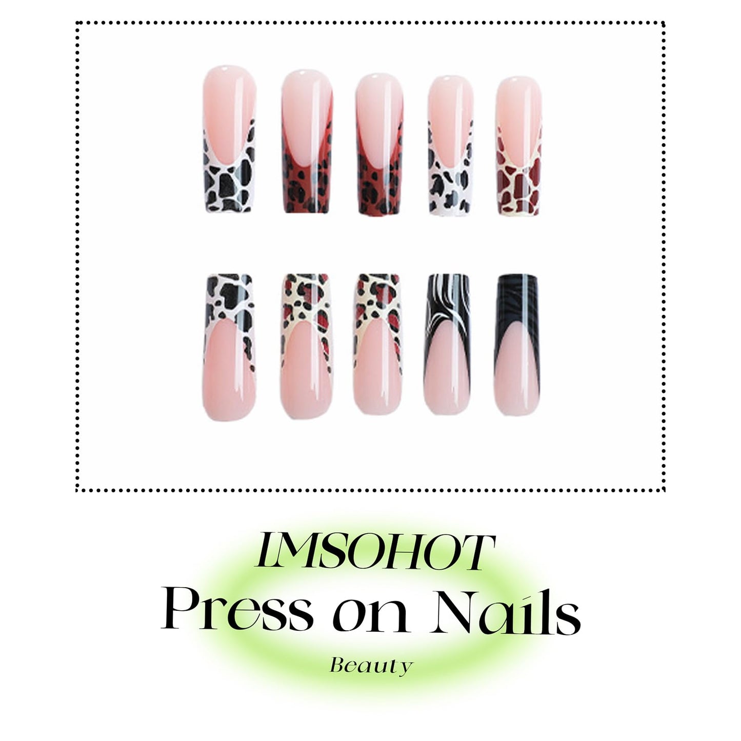 IMSOHOT Fall Press on Nails Long Square Fake Nails Glossy Brown French Tips False Nails with Zebra Stripes & Leopard Print Designs Full Cover Acrylic Glue on Nails for Women 24Pcs