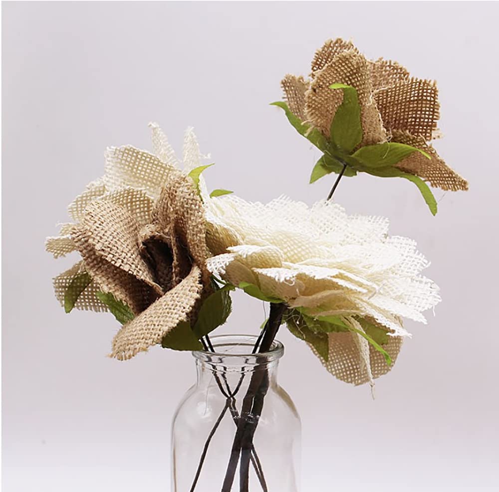 INLAZYTIM 12PCS Large Burlap Flowers for Crafts 3.15 in, Handmade Jute Burlap Roses Embellishments for Wedding Party Scrapbooking Decorations