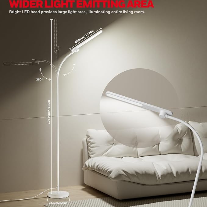 Honeywell F4 Sunturalux™ LED Floor Lamp, CRI 97 Full-Spectrum Eye-Caring Light, Stepless Dimmable Task Lamp with Flexible Gooseneck, 77.5" Tall Reading Lamp for Living Room & Office