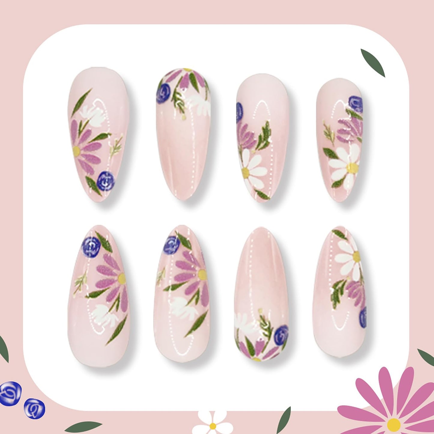 Almond Press on Nails Medium Fake Nails Flower False Nails with Daisy Floral Designs Nude Pink Glossy Glue on Nail Full Cover Spring Summer Acrylic Nails for Women Girls 24Pcs