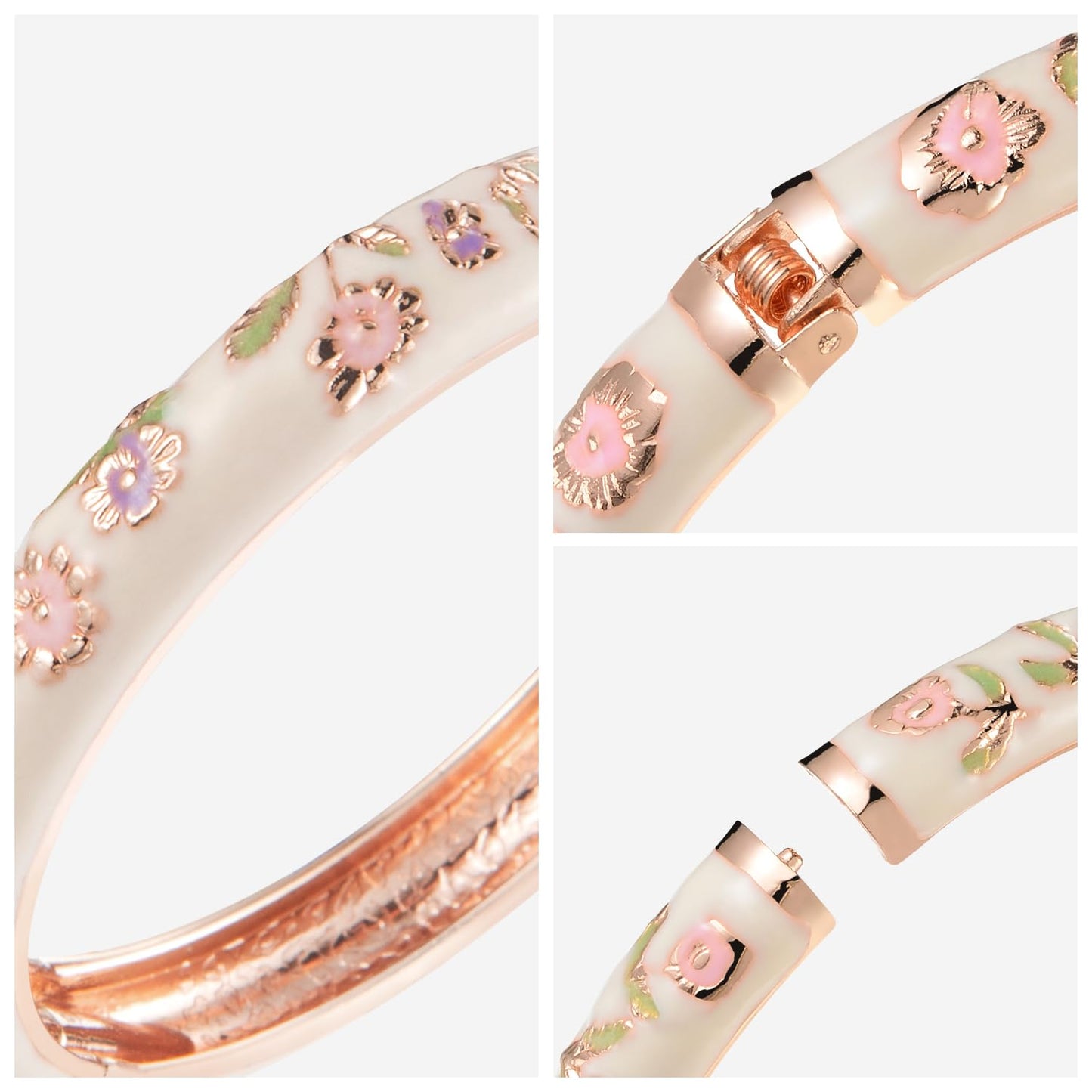 UJOY Vintage Bracelet Plated Enameled Jewelry Spring Hinge Metal Cuff Cloisonne Bangles Set Gift Box Packed 55A18-55A103 White Yellow