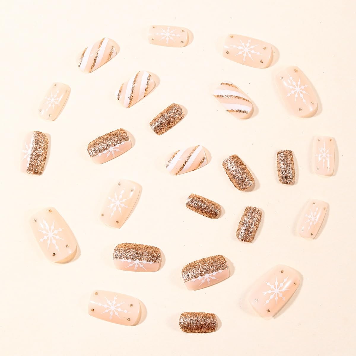 Square Press on Nails Short - Christmas Fake Nails wtih Snowflake Design - Winter False Nails Press ons - for Women 24 Pcs
