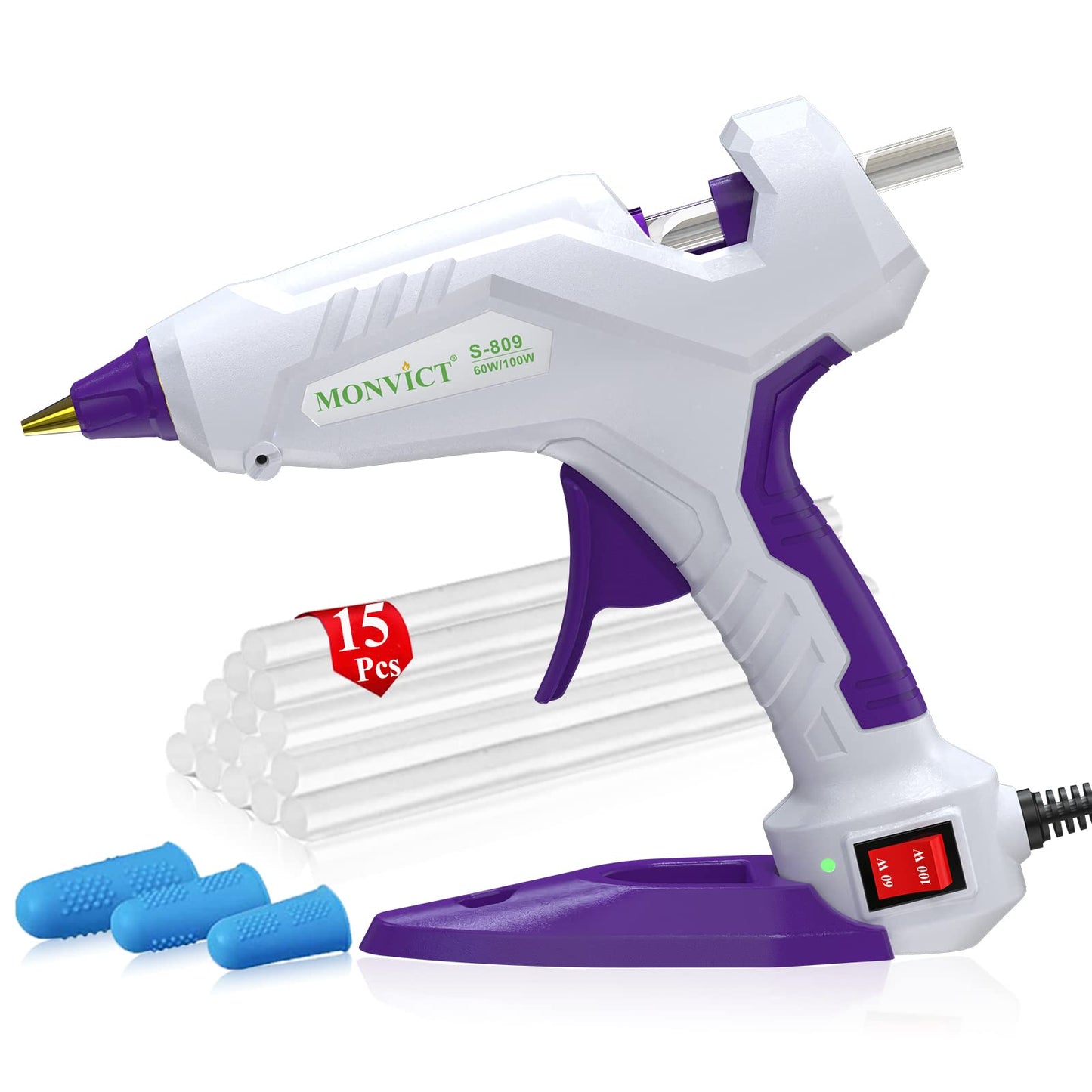MONVICT 60/100W Full Size Hot Glue Gun Kit and Pack of 50 Hot Glue Sticks 5.9' & 0.43, Base Stand Heavy Duty Melt Glue Gun Kit with 15 Pcs Glue Sticks & 3 Finger Protectors for Quick Repairs,
