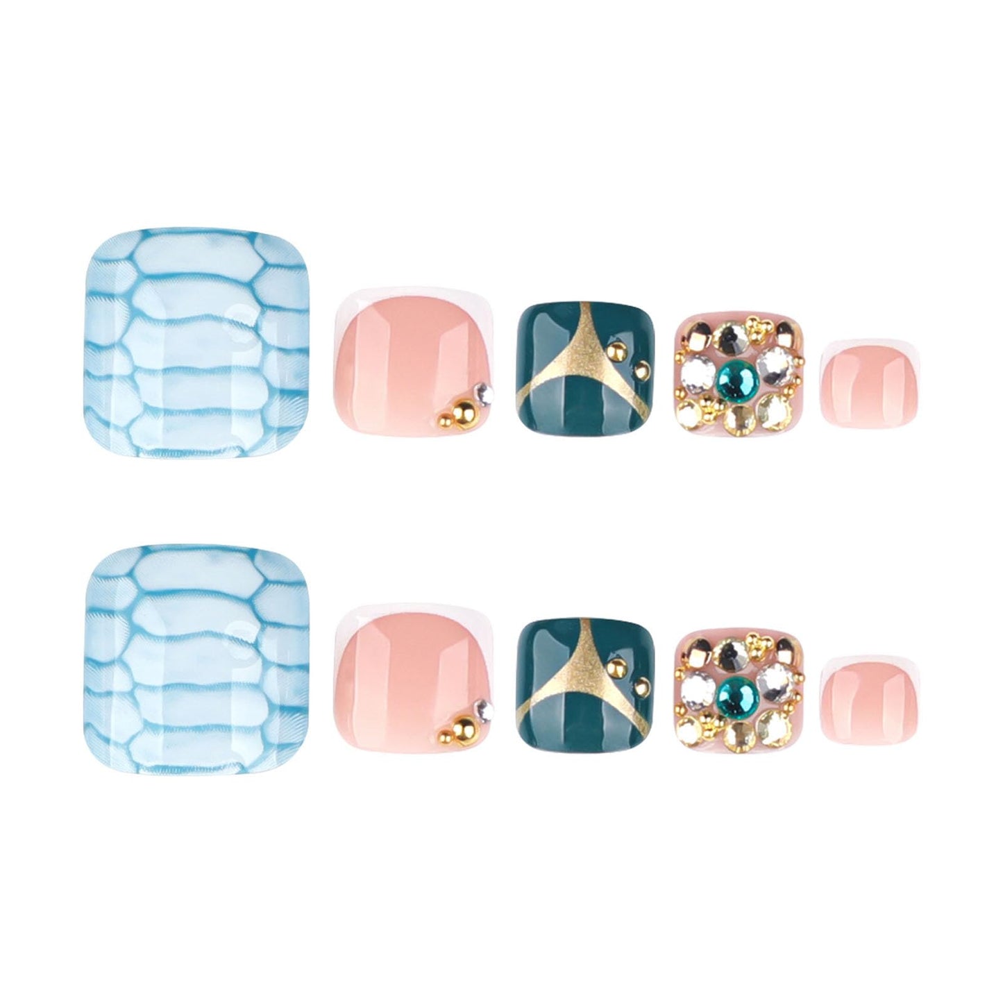RUOKEXIN Short Press on Toenails French Tip Fake Toenails with Rhinestones Designs Square Toe Nail Press ons Sparkly Artificial Nails for Women 24Pcs