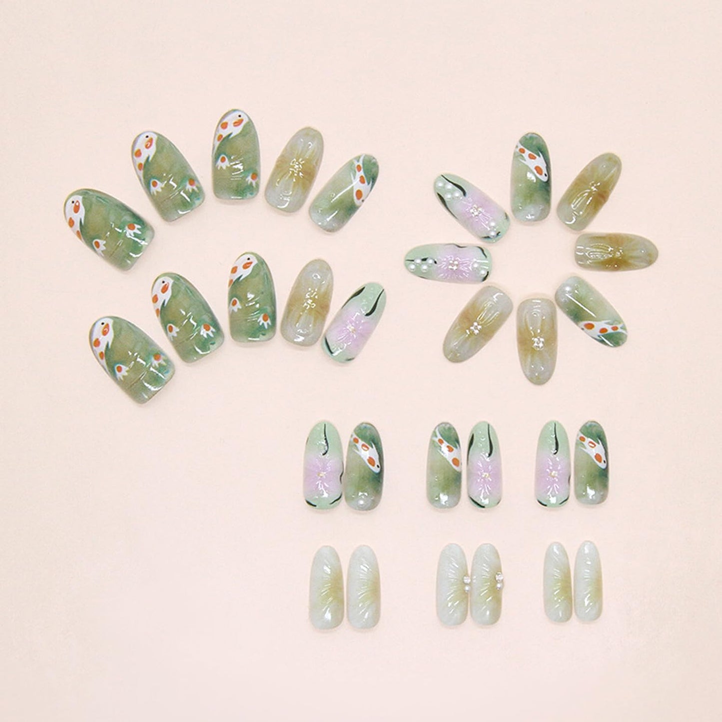 30Pcs Flower Press on Nails Medium Almond Fake Nails Press on 3D Pearl Design Koi Fish False Nails Green Smudge Glossy Full Cover Cute Floral Koi Reusable Spring Summer Acrylic Glue on Nails for Women