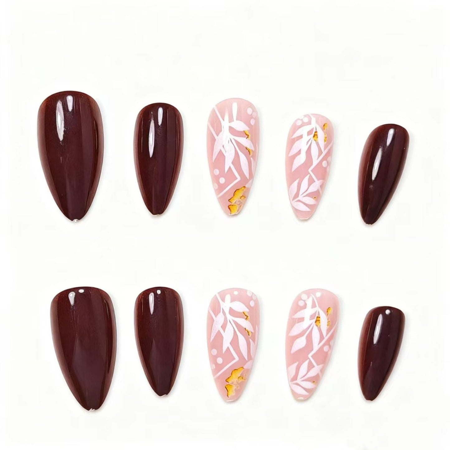 IMSOHOT Fall Press on Nails Medium Almond Fake Nails Fall Brown White Maple Leaf False Nails Glossy Full Cover Glue on Nails for Women 24Pcs