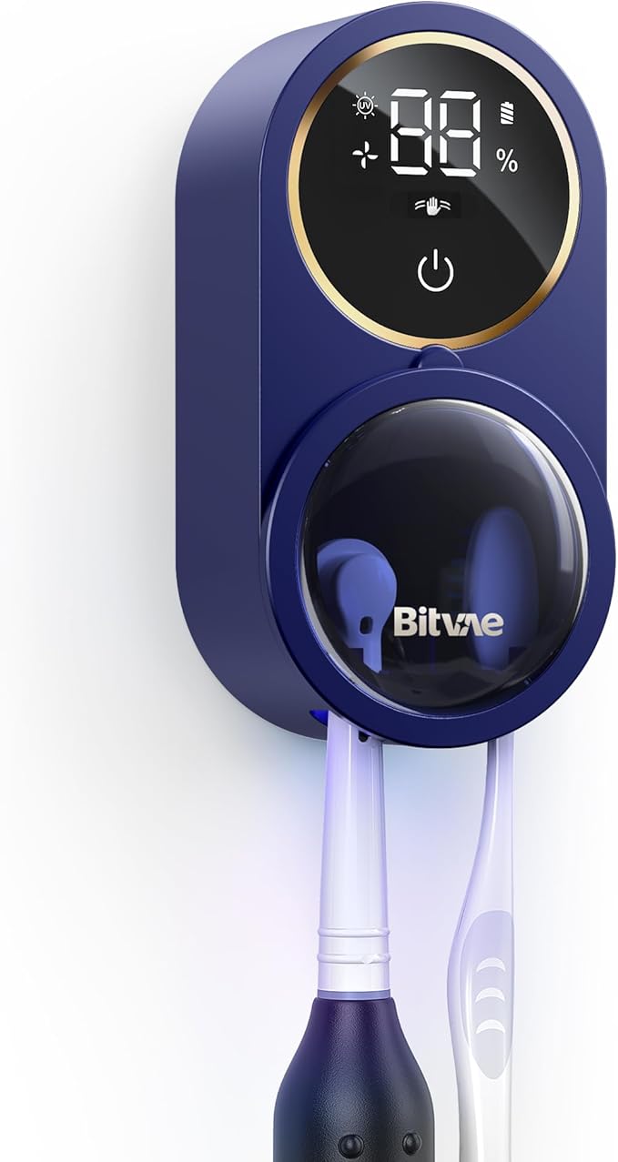 Bitvae Upgraded Tooth Brush Holder for Bathroom 2.0, Infrared Sensing Toothbrush Cleaner, Wall-Mounted for Any Size Toothbrushes, Air Drying, LED Smart Screen, Navy Blue