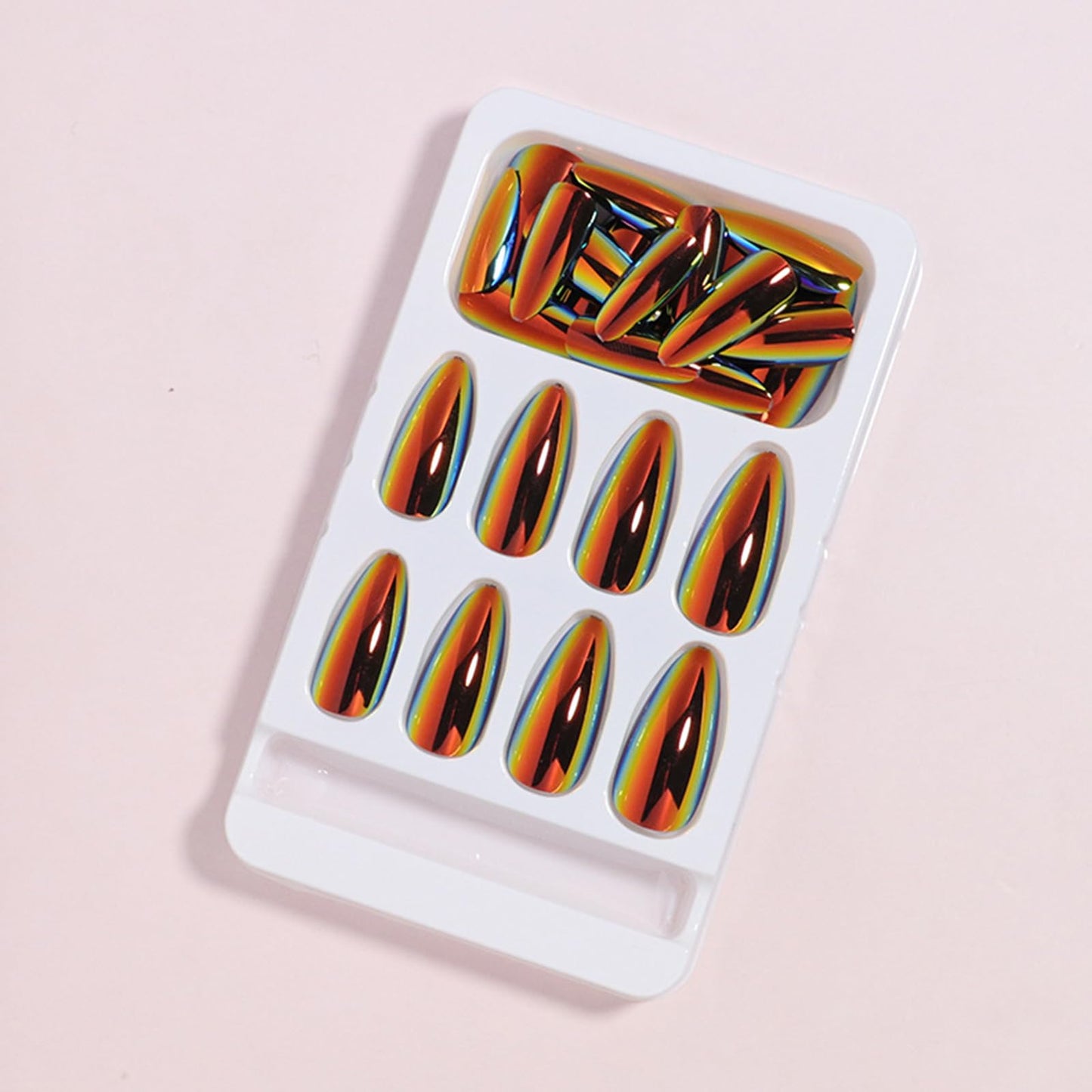 24Pcs Chrome Press on Nails Medium Almond Fake Nails Black Aurora False Nails Glossy Quality Nail Tips Full Cover Glue on Nail Laser Acrylic Stick on Nails for Women Quick Manicure Kit
