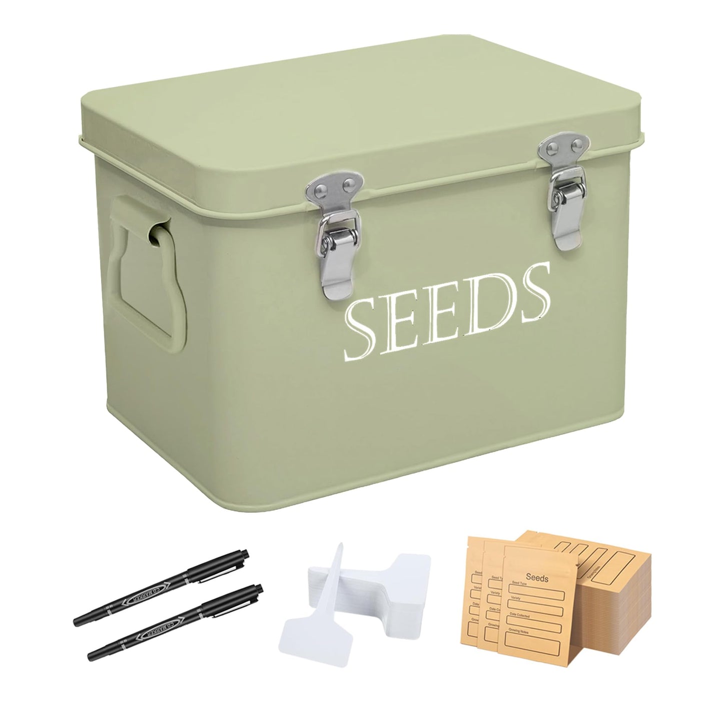Ecopark Seed Storage Box, Professional All-in-one Kit with 2 Pens, 20 Plant Labels and 50 Seed Envelopes, Metal Storage Organizer, Saving Box, Seed Packet Container, Green