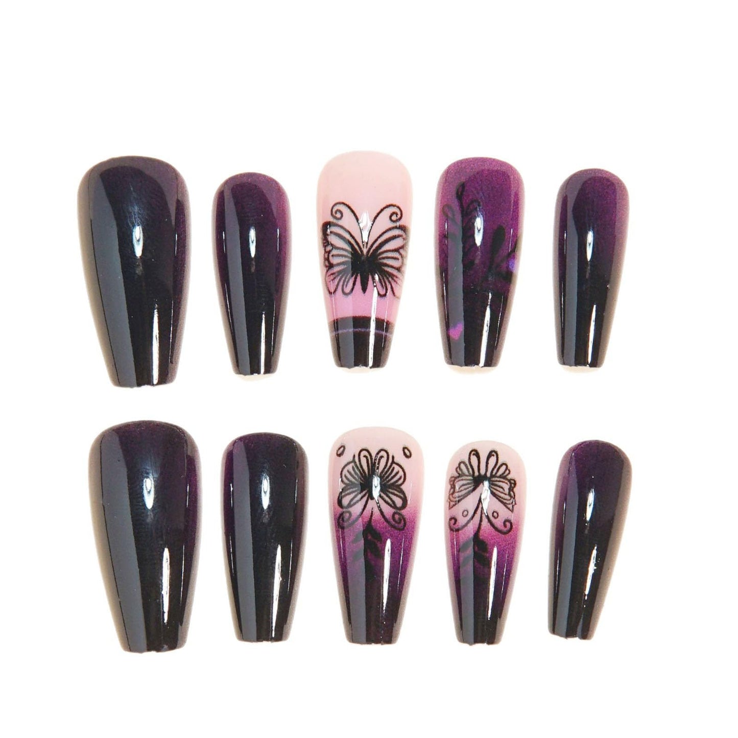 Burgundy Press on Nails Medium Coffin Fake Nails with Black Butterfly Designs Glossy Nails Press ons Pink Gradient Glue on Nails Acrylic Nails Artificial Stick on Nails for Women 24Pcs