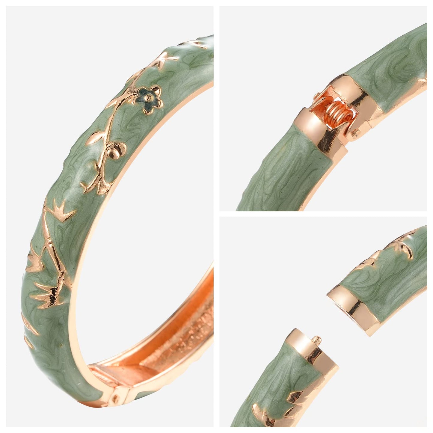 UJOY Flowers Bracelet Multi-Colors Cloisonne Wedding Jewelry Gift Women Enameled Bangles Opening Hinged 55A117 Bamboo Green