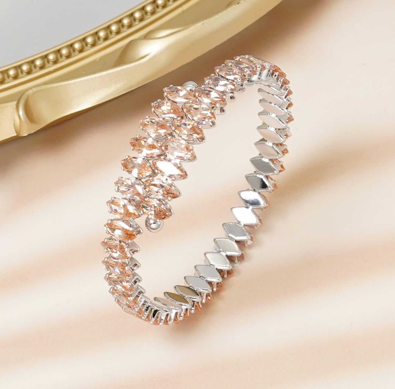 Wovanoo Rhinestone Cuff Bracelet Cubic Zirconia Tennis Bracelets Open Adjustable Bangle for Women Silver Champagne