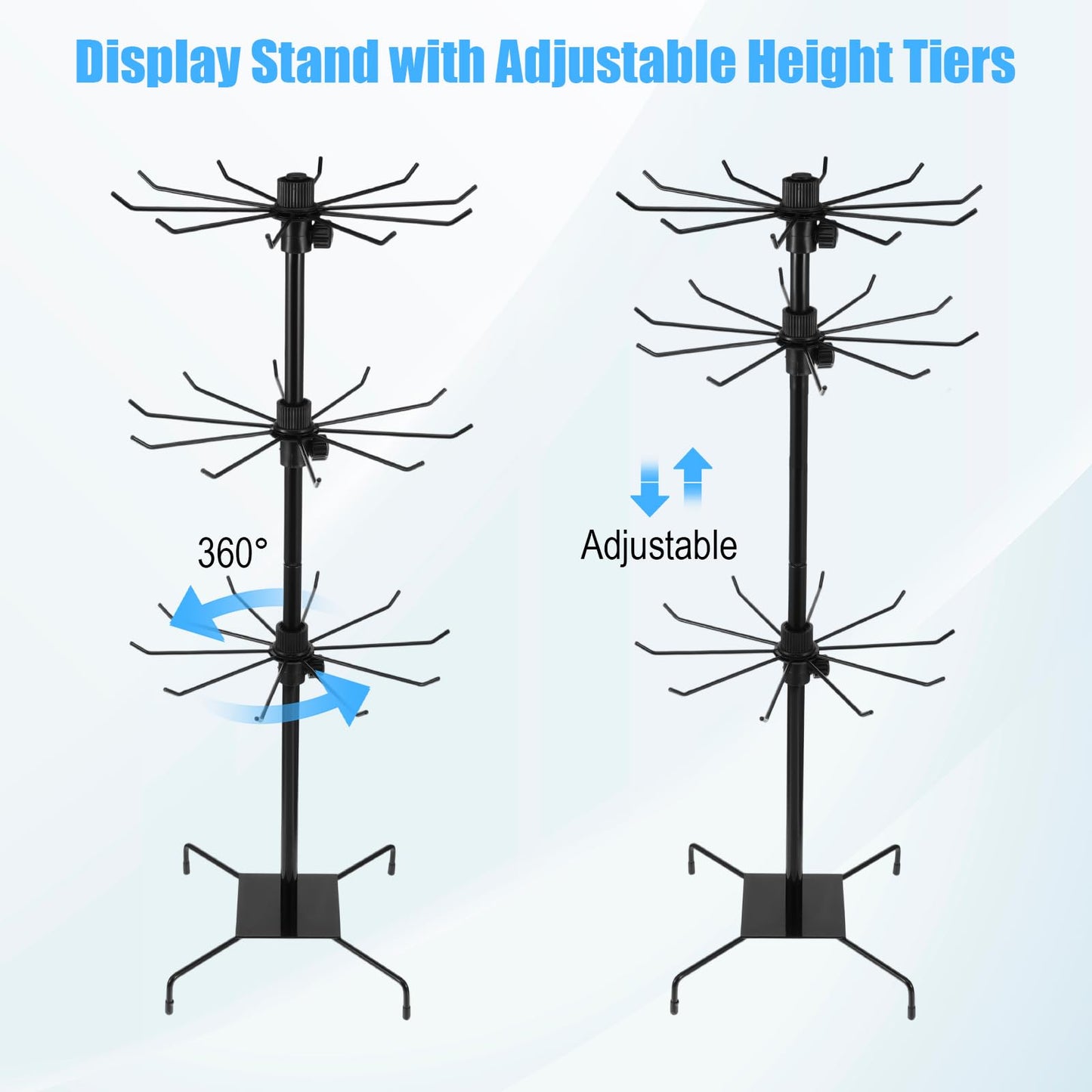 COMNICO Rotating Jewelry Display Stand with 200 Pcs Bracelet Display Cards, 3 Tier Metal Adjustable Jewelry Displays Rack with Hooks for Necklace Earrings Key Rings Hats Socks