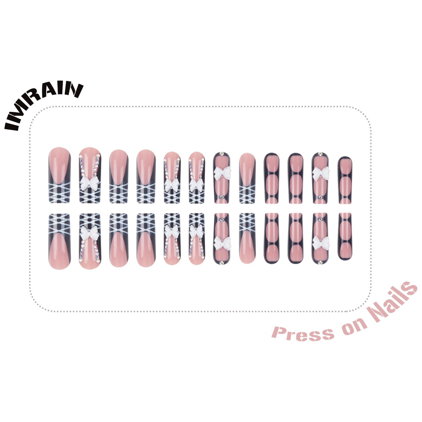 IMRAIN Press on Nails Long Square Fake Nails Artificial Acrylic False Nails - Black, Pink, Bow, French Tip, Glossy, Rhinestone, Full Cover Glue on Nails