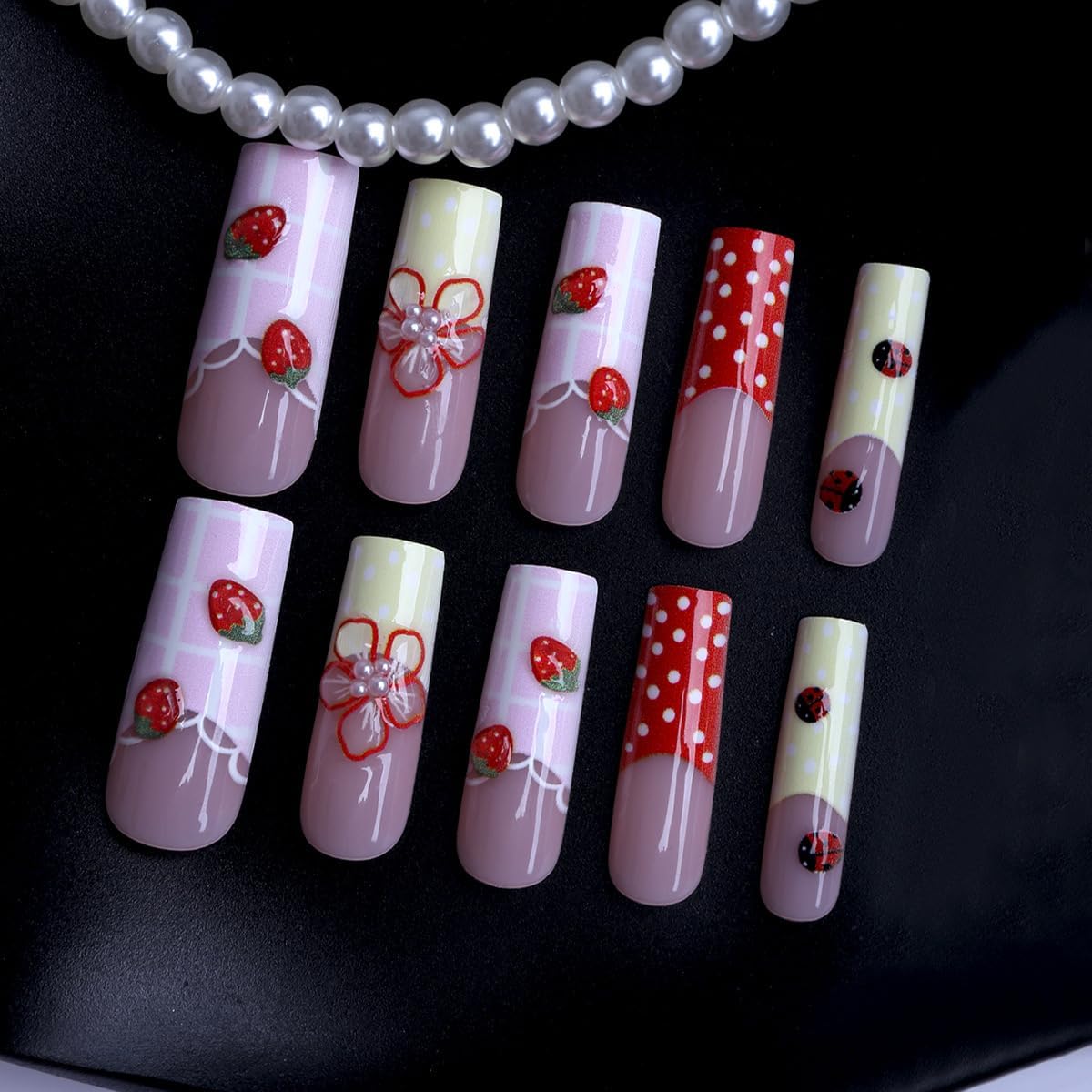 plalely Square Press on Nails Long Pink Stick on Nail Tips with Embossed StrawberryNails Press ons CutePress on False Nails for Women 24pcs