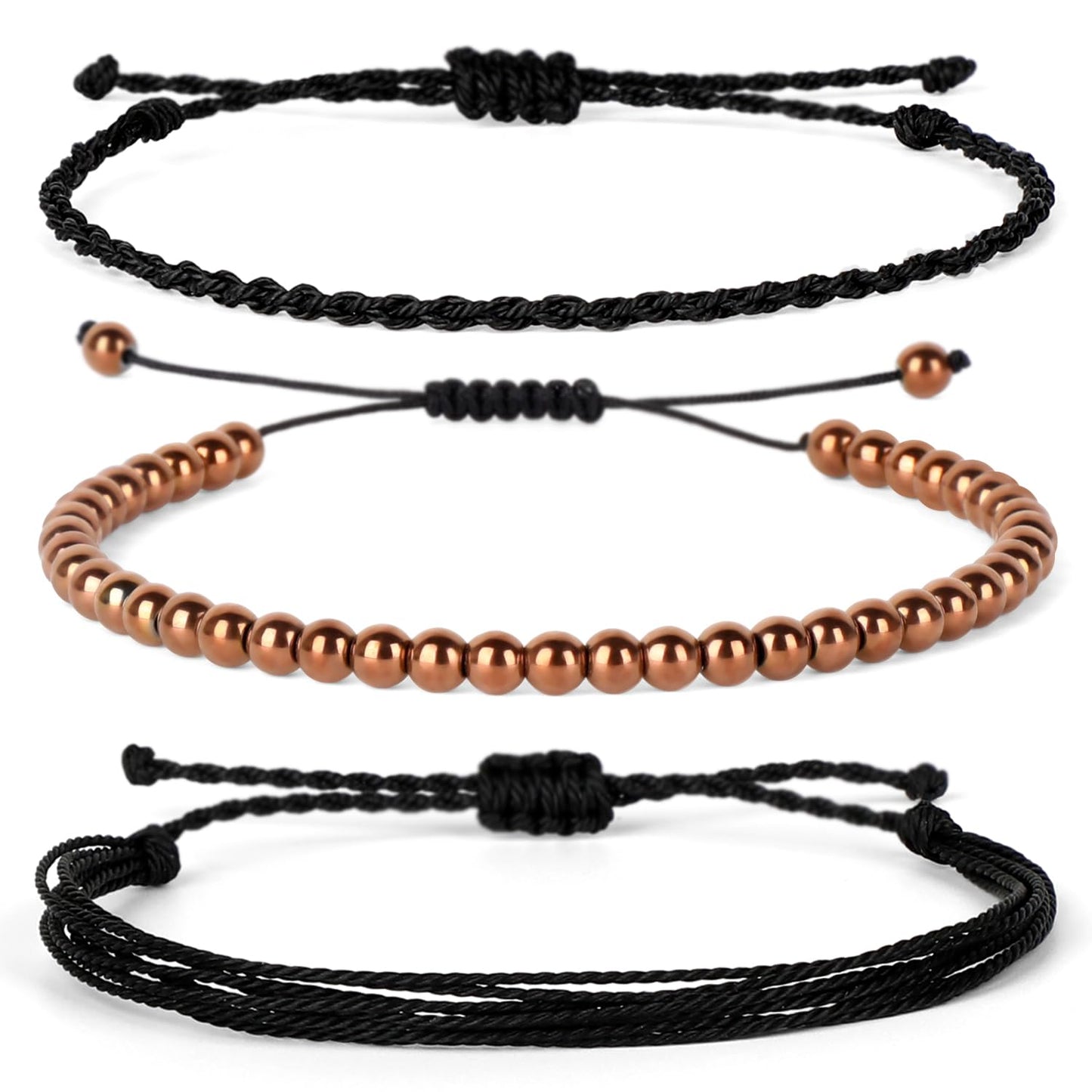 QOGIR Handmade Healing Bracelet,4mm Natural Copper Hematite Gem Stone Beads Bracelet Gifts for Men Women with 2PCS Size Adjustable Rope Bracelets