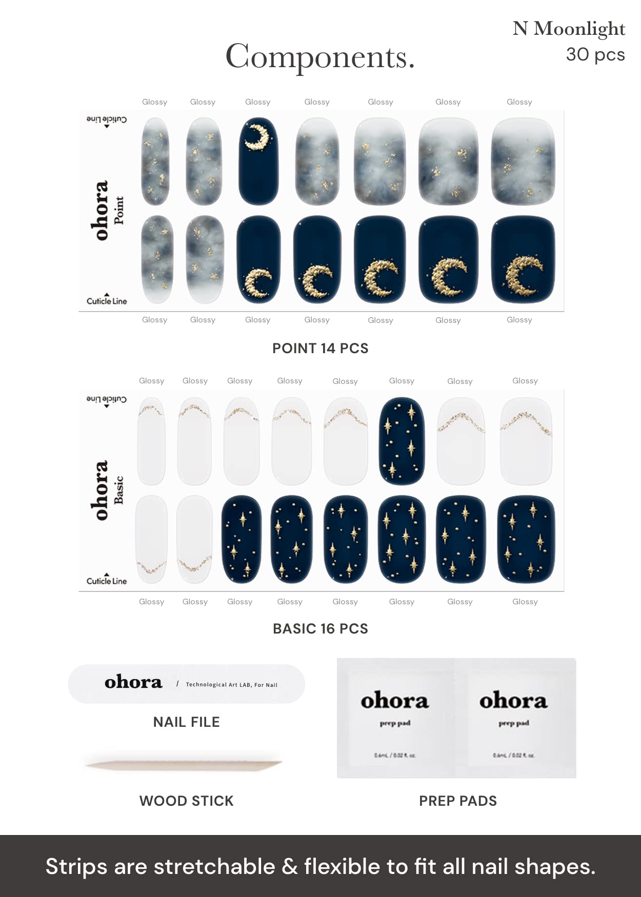 ohora Semi Cured Gel Nail Strips (N Moonlight) - Dark, Patterned, Works with Any UV/LED Lamps, Salon-Quality, Long Lasting, Easy to Apply & Remove - Includes 2 Prep Pads, Nail File & Wooden Stick
